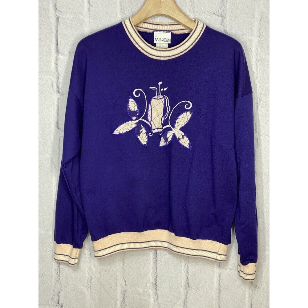 Vintage Marcia 80s 90s Womens Sweatshirt Purple Embroidered Golf Sz L USA‎